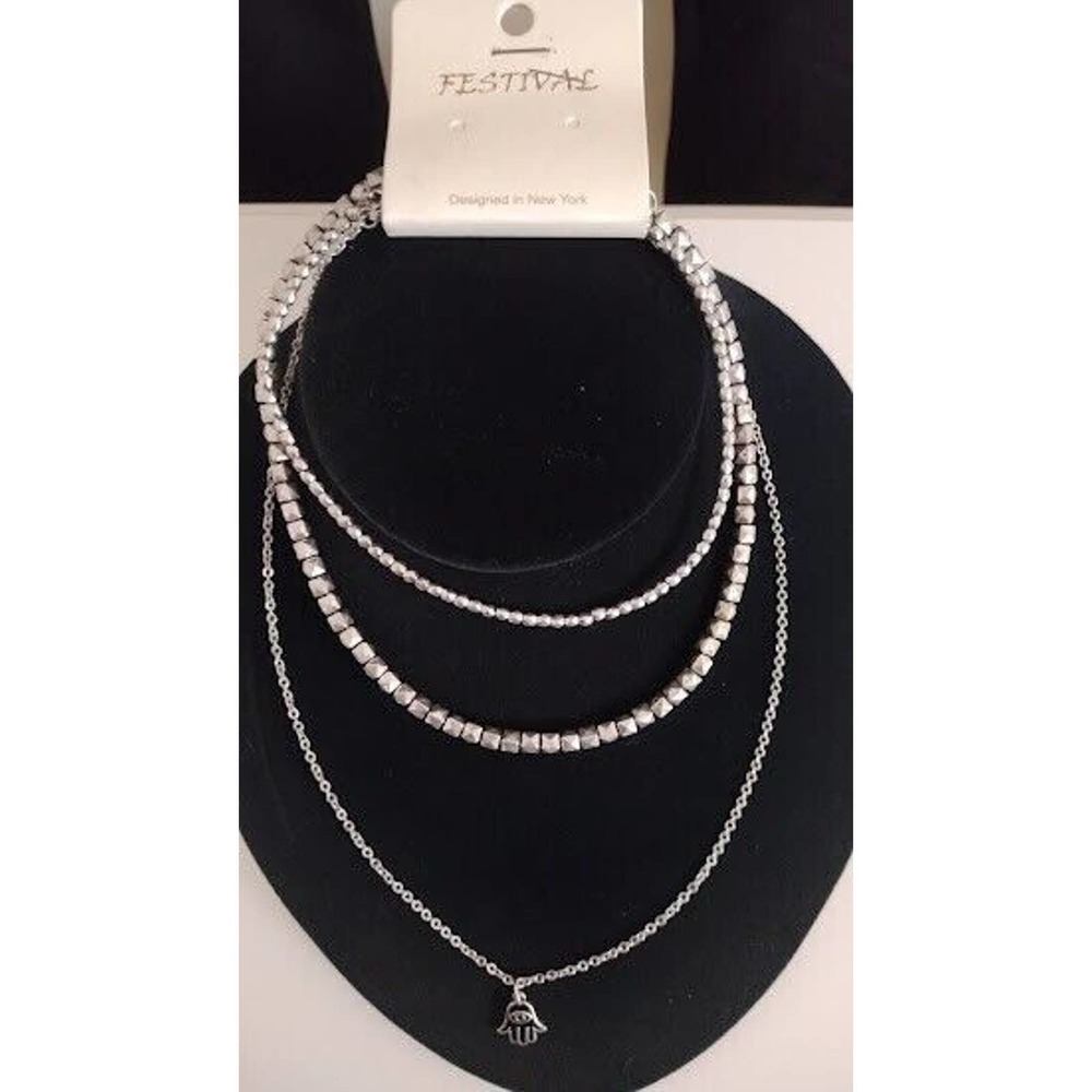3-Piece Fashion Jewelry‎ Festival Brand Hamsa Hand Necklace Set, Silver Tone